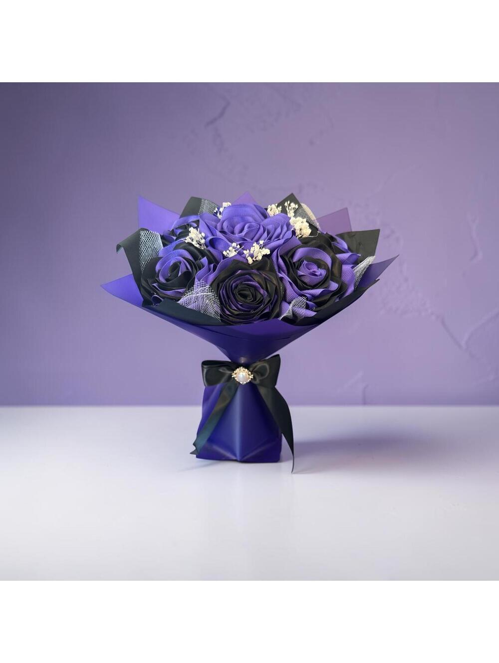 Handmade Purple and Black Satin Rose Bouquet Gift Arrangement